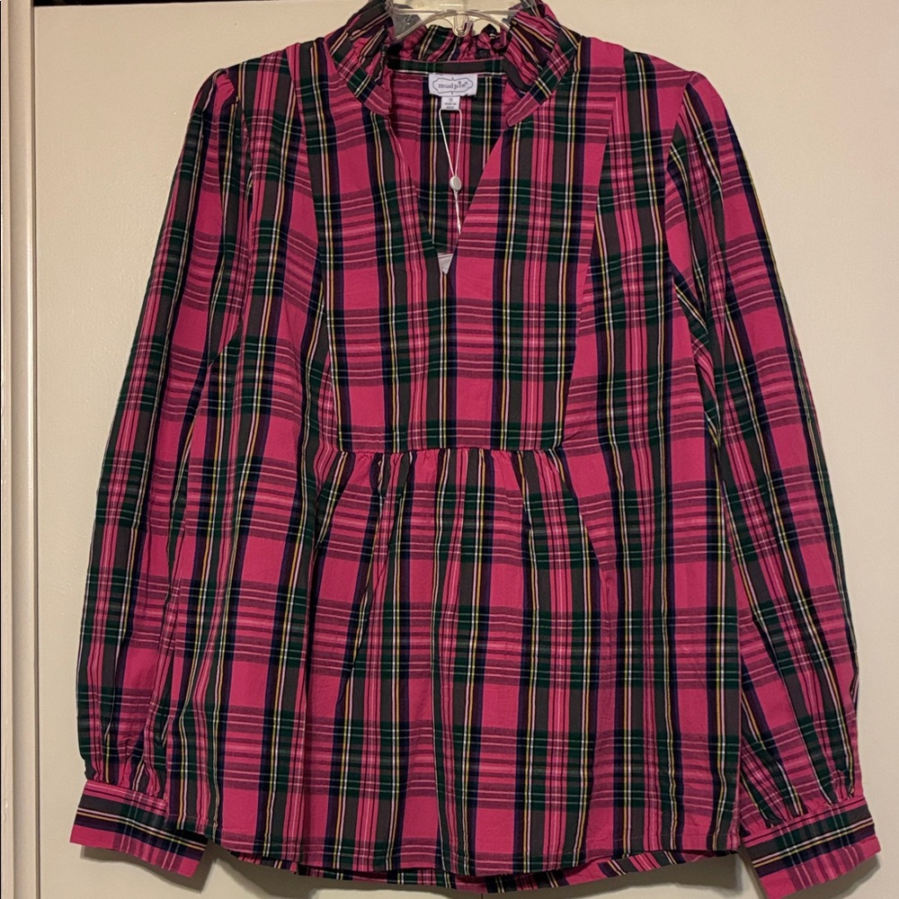 Mud Pie Pink and Black Plaid Blouse